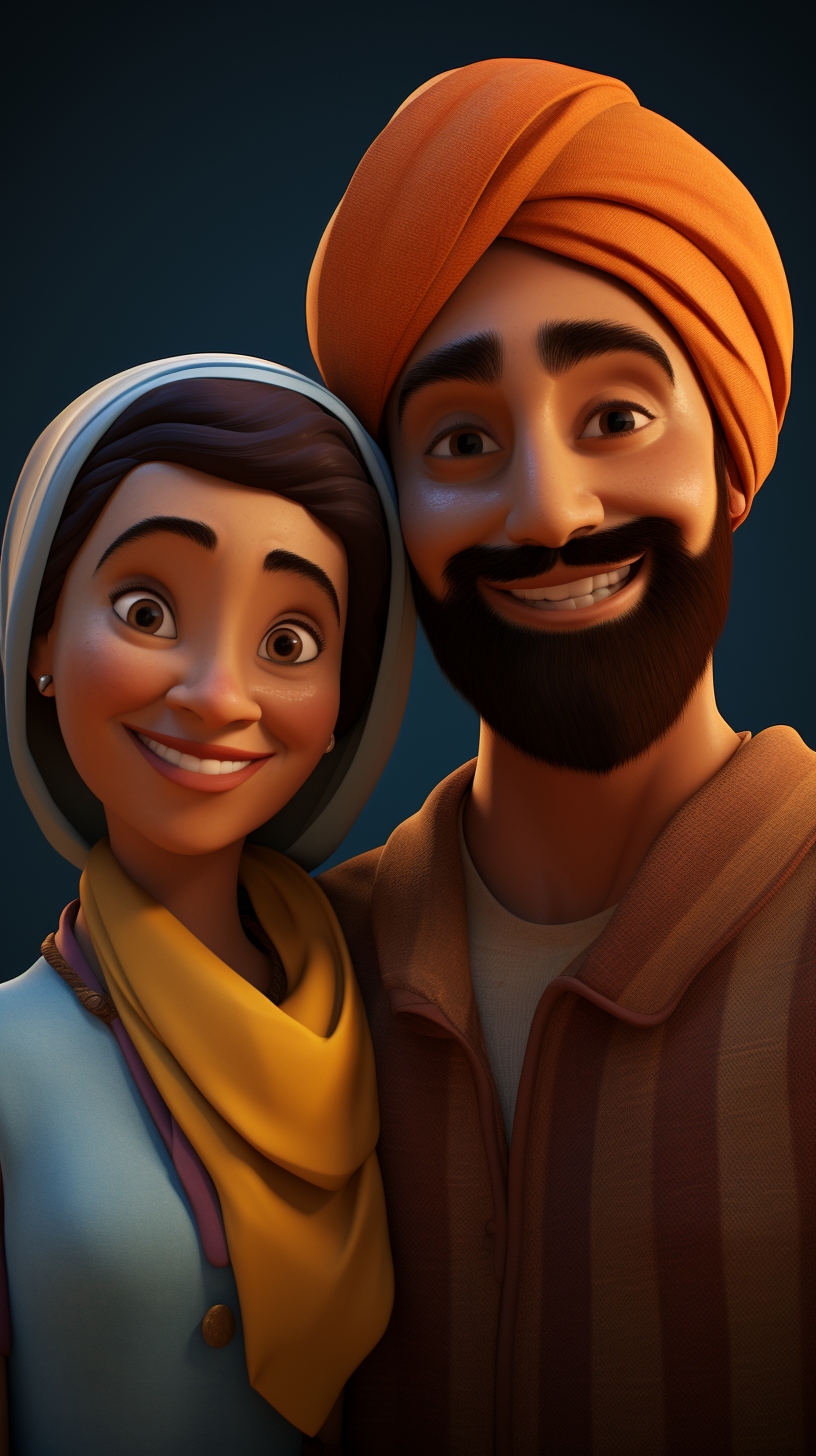 Turban-wearing man and woman in animated film style