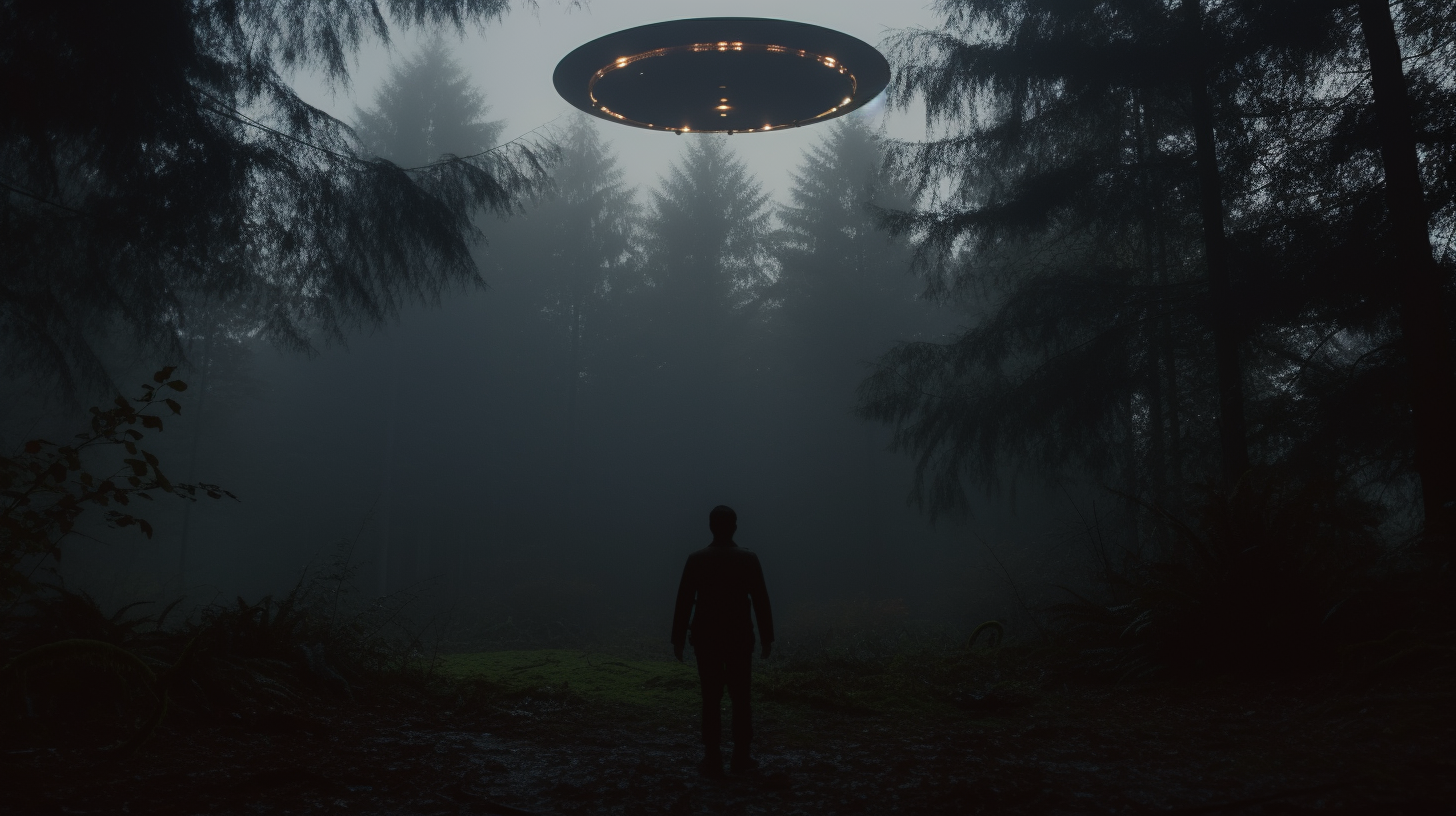 Man standing in woods looking up at UFO