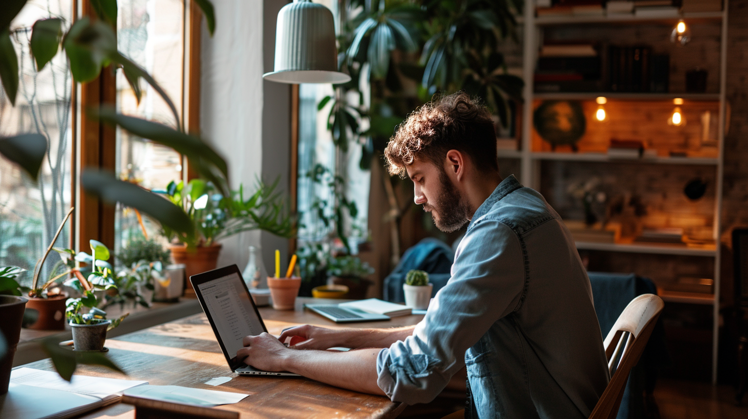 Man working on laptop with Hasselblad camera