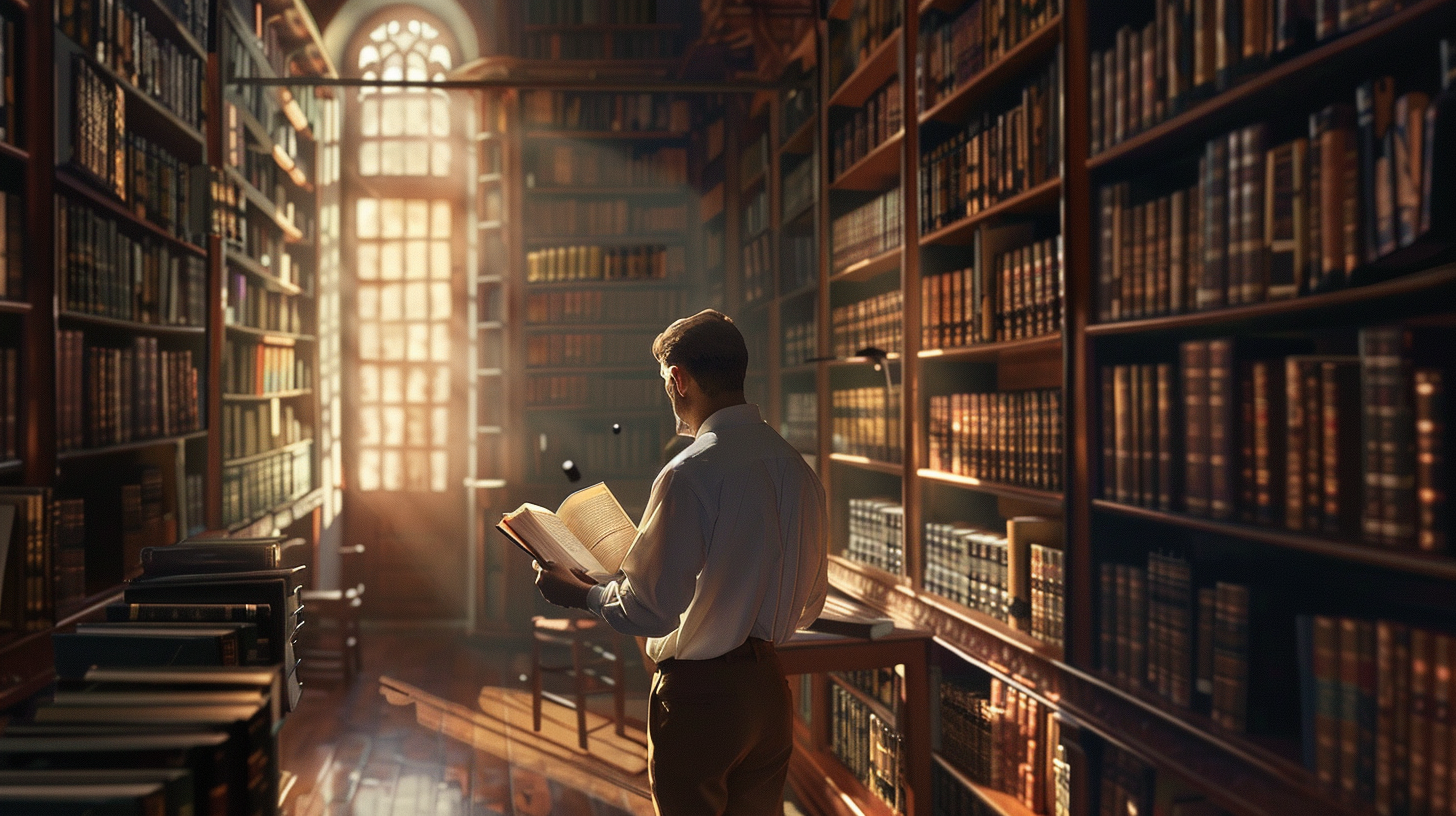 Man writing in library with pencil