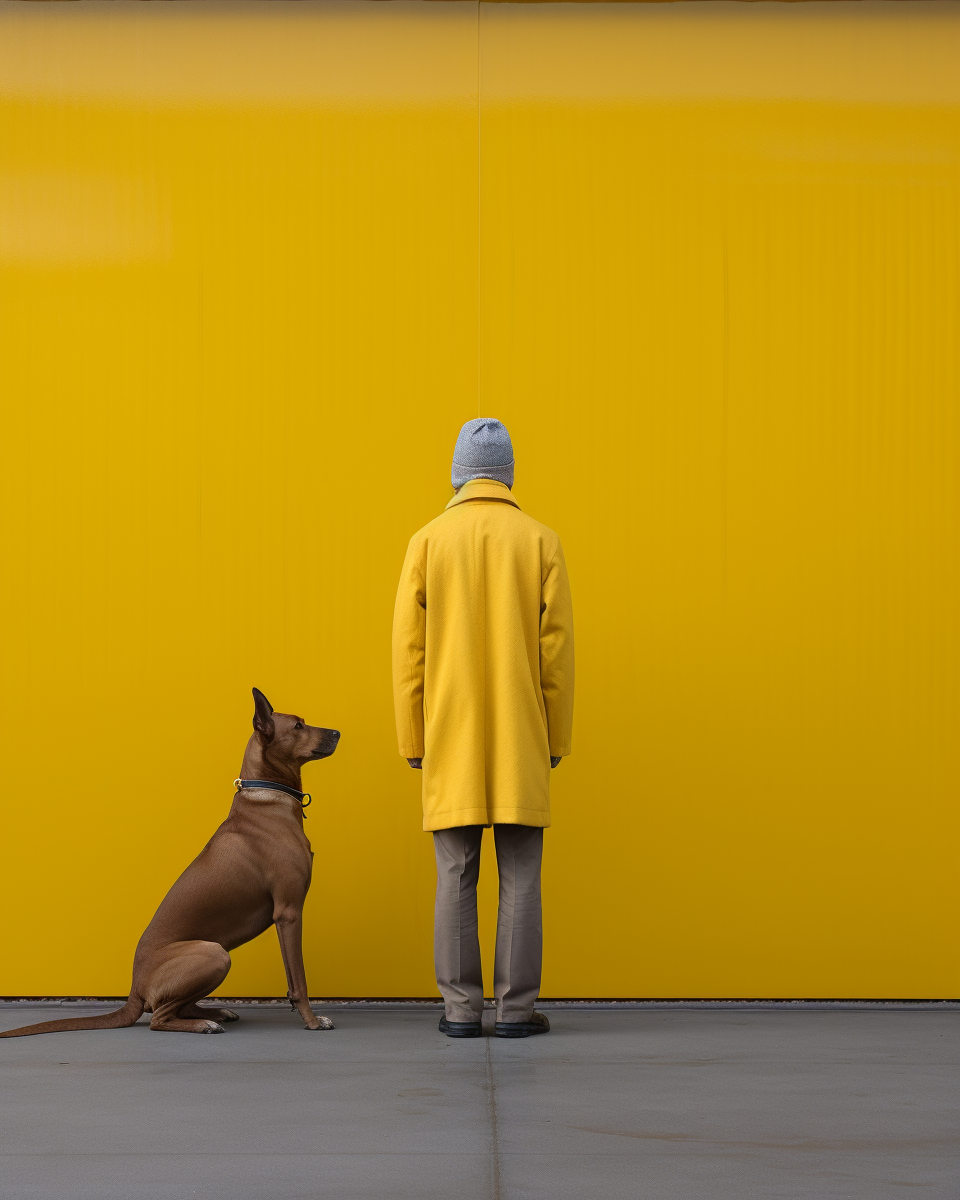 Man in yellow jacket watching dog