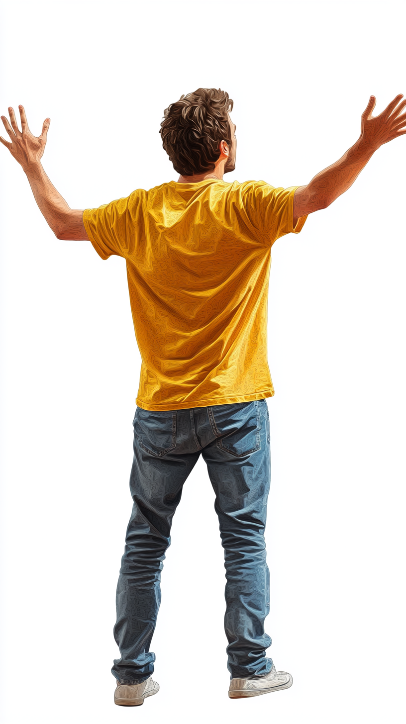 Man in Yellow T-shirt and Jeans Wow Gesture