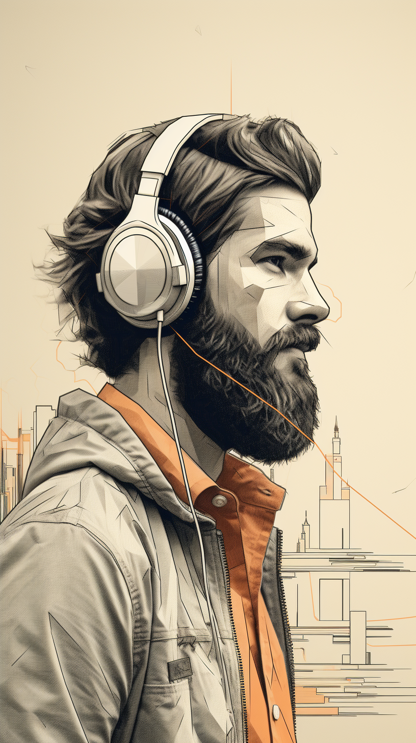 Bearded man with Bang & Olufsen headphone art