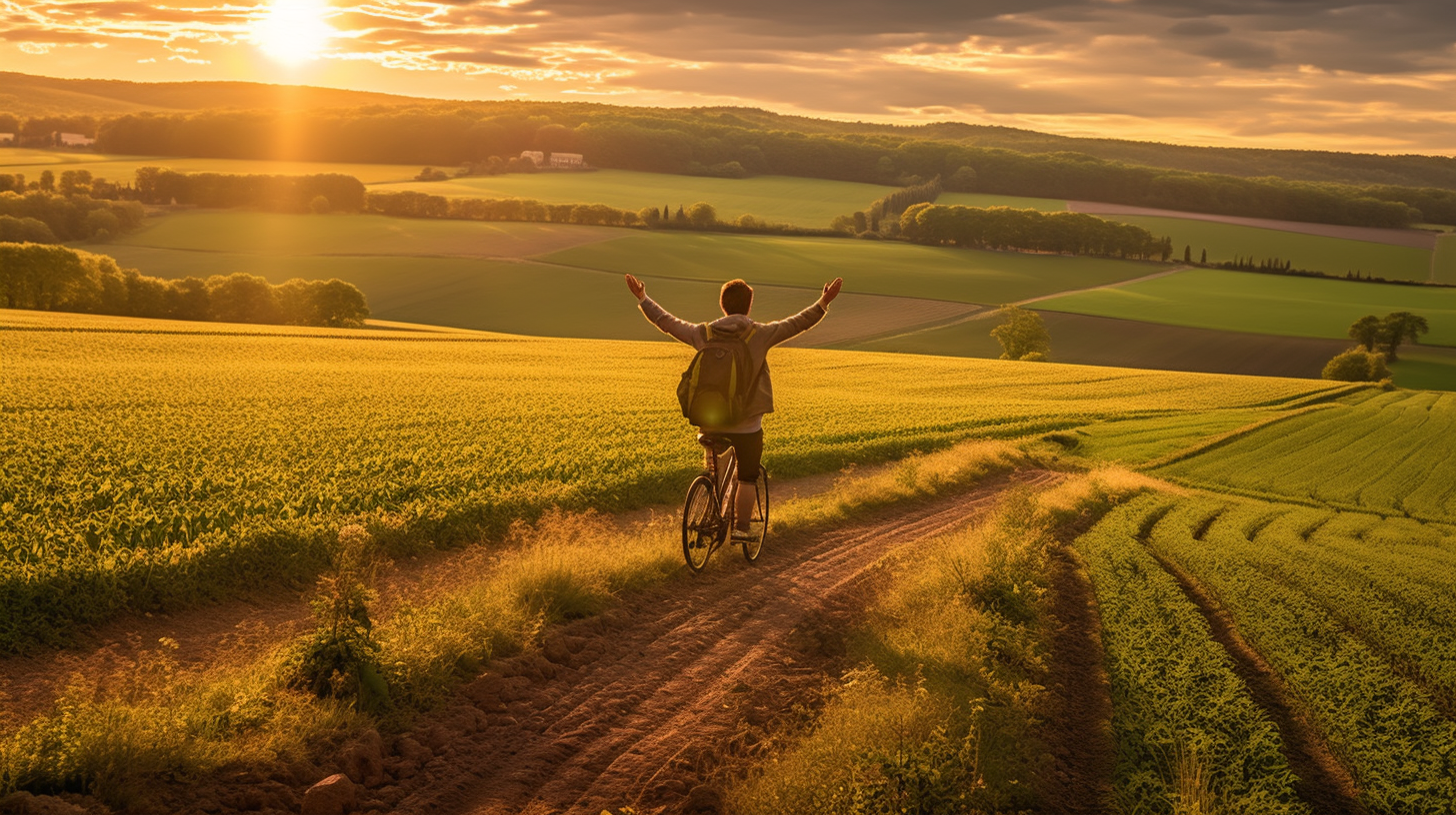 Man on bicycle in Champagne Landscape