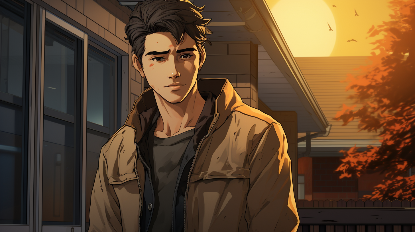 Middle-aged man in brown jacket standing outside house