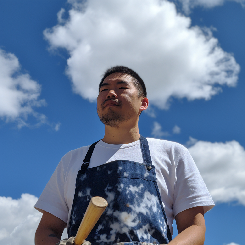 Man wearing apron and holding spatula