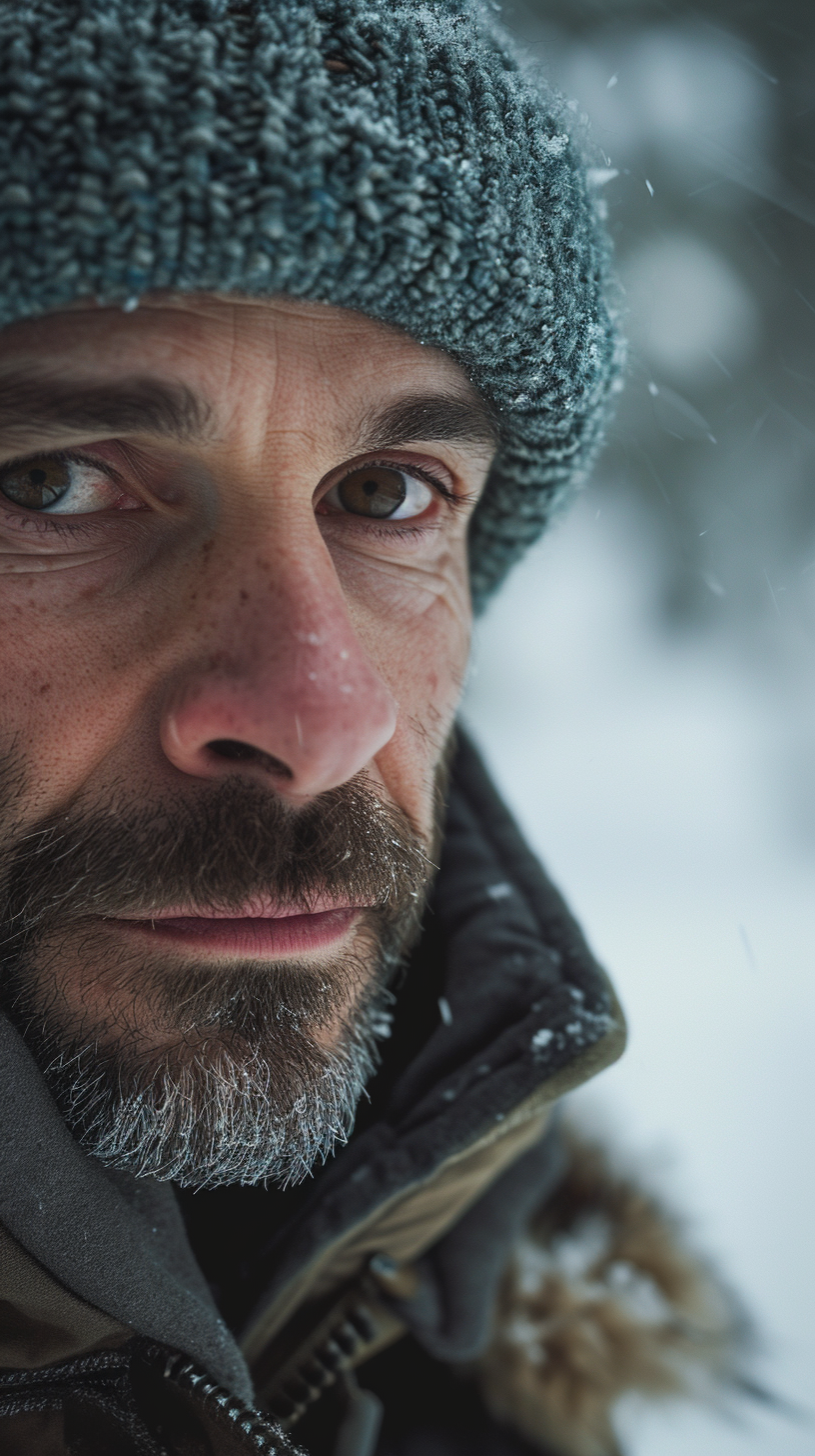 Close up of man looking in camera against winter mountains