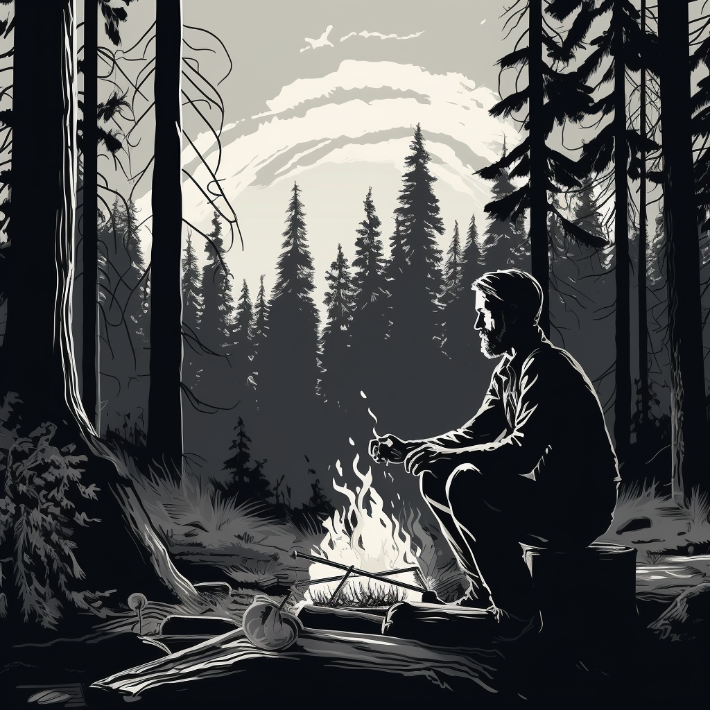 Man at Campfire Holding Firewood