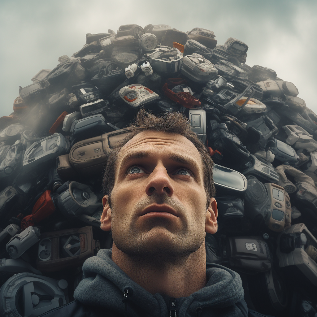 Closeup of a man climbing cars to reach the clouds