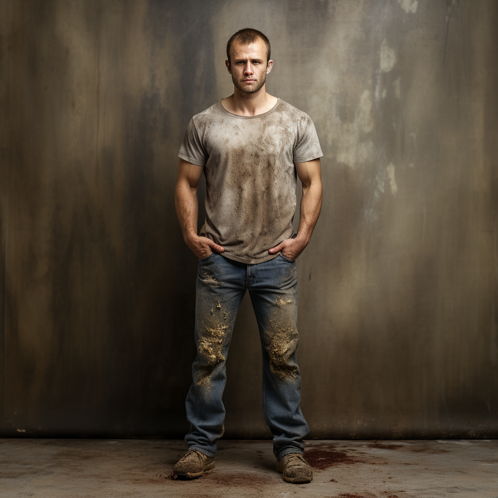 Man wearing dirty tee shirt and jeans