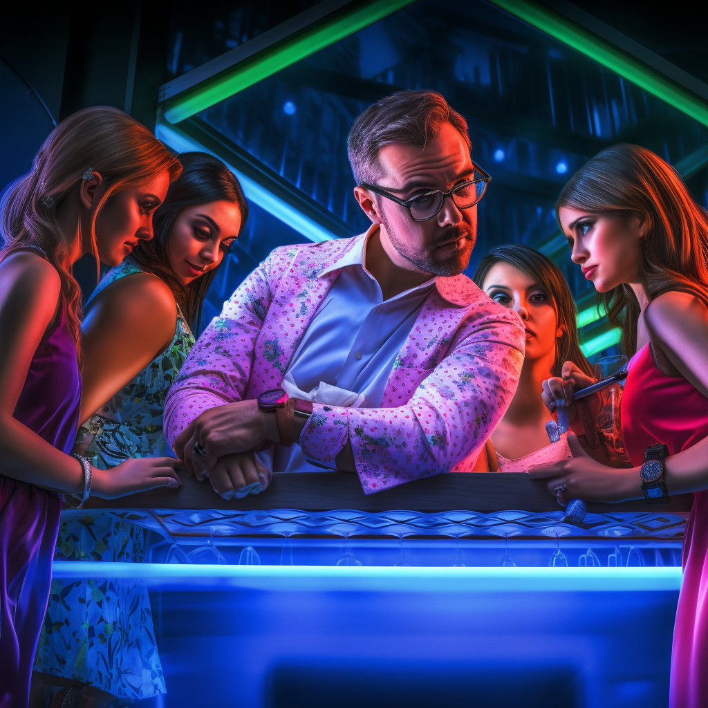 Man with glasses having a drink with five girls in a nightclub