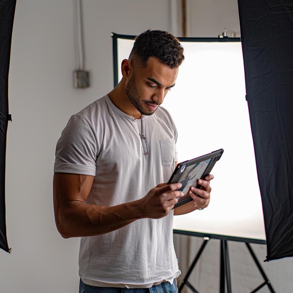 man in photography studio with tablet