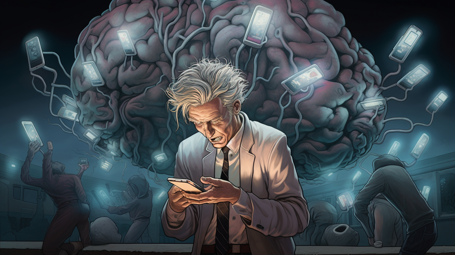 Cartoon drawing of man looking at bank consuming brains