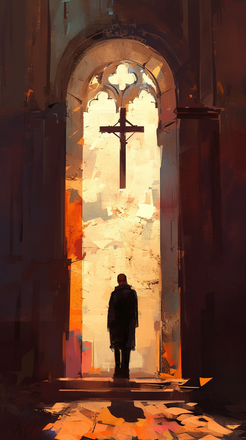 Man with cross leaving church