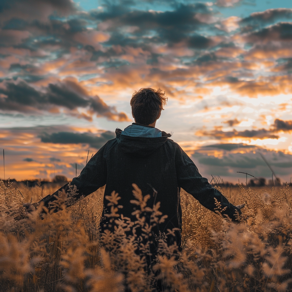 Man looking at sky with open arms