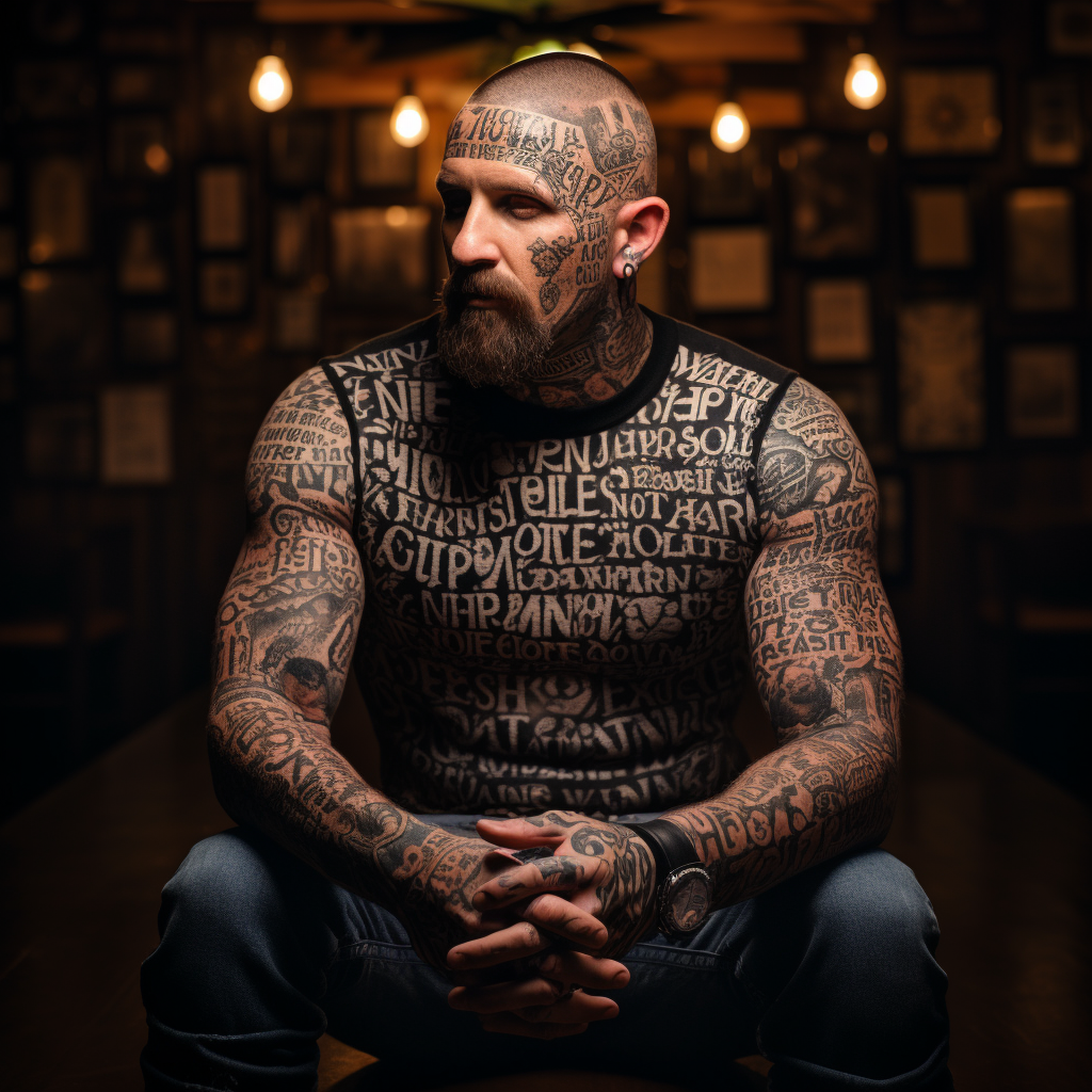 Man with Tattooed Body Phrases  ?