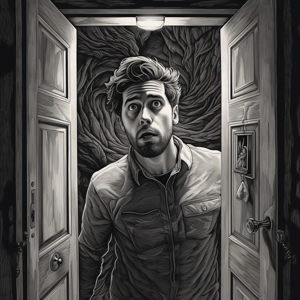 Shocked man at open door in black and white