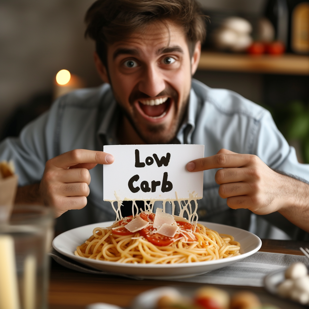 man sitting at dinner table with low carb sign