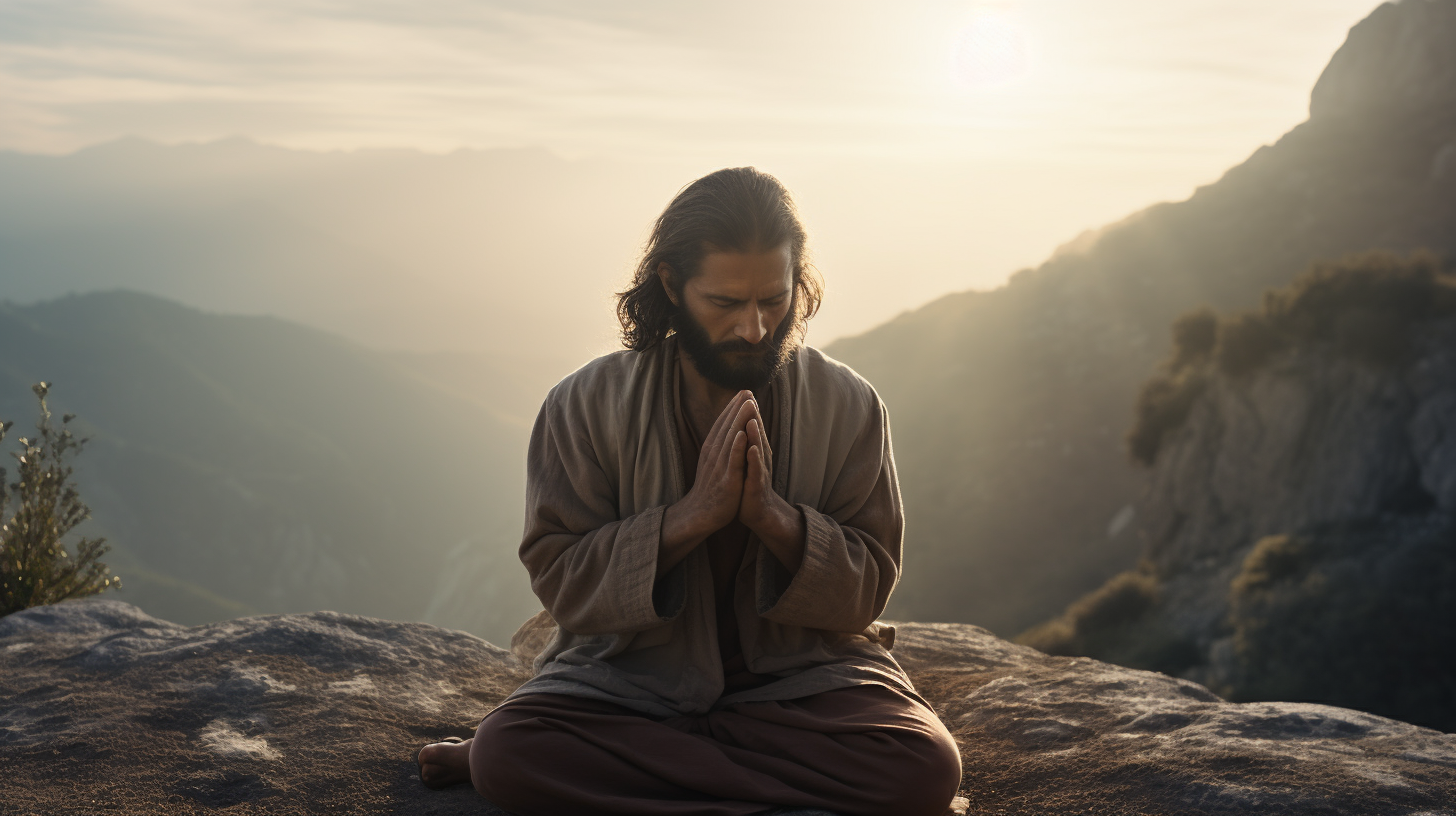 Serene man sitting overlooking cliff with prayer hands