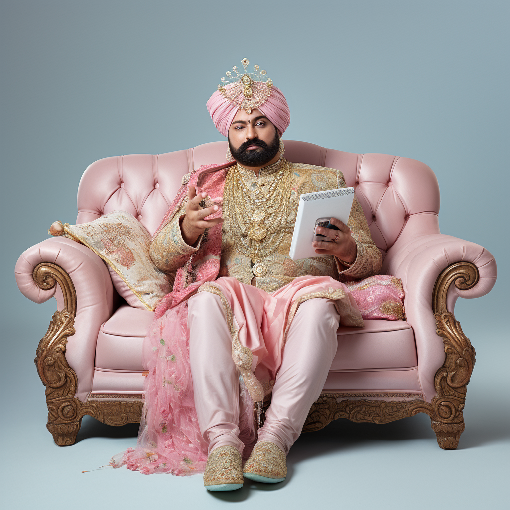 Indian man in Mughal attire watching TV on sofa