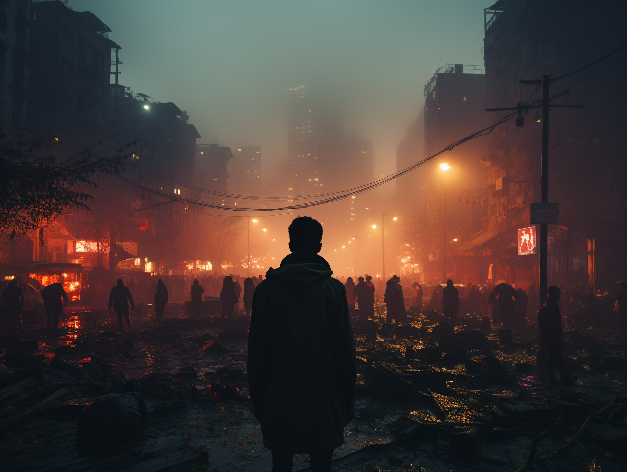 Man standing in fog in dystopian cityscape