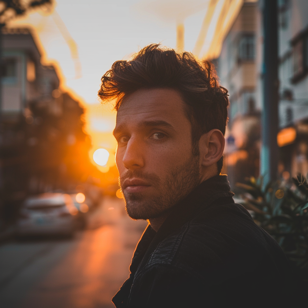 man standing sunset severe look street