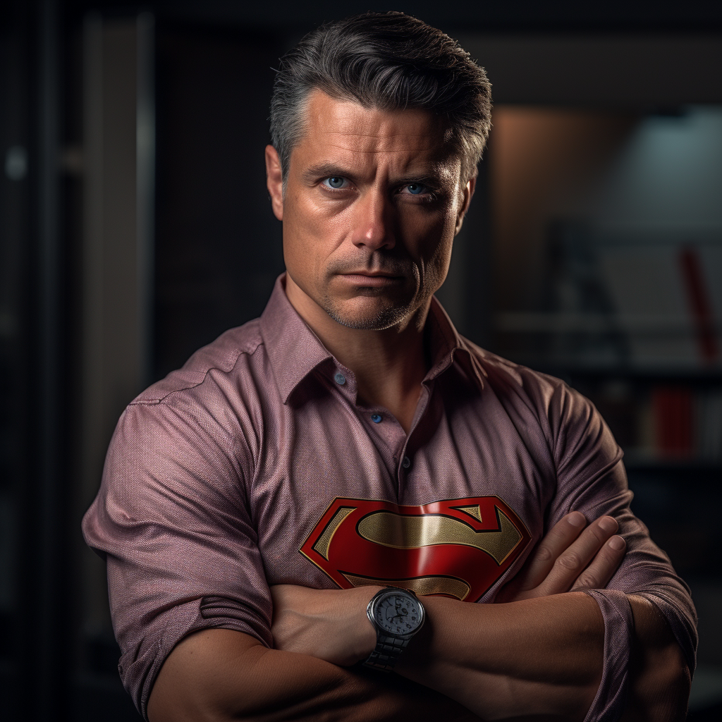 Man wearing Superman cufflinks shirt in his 40s