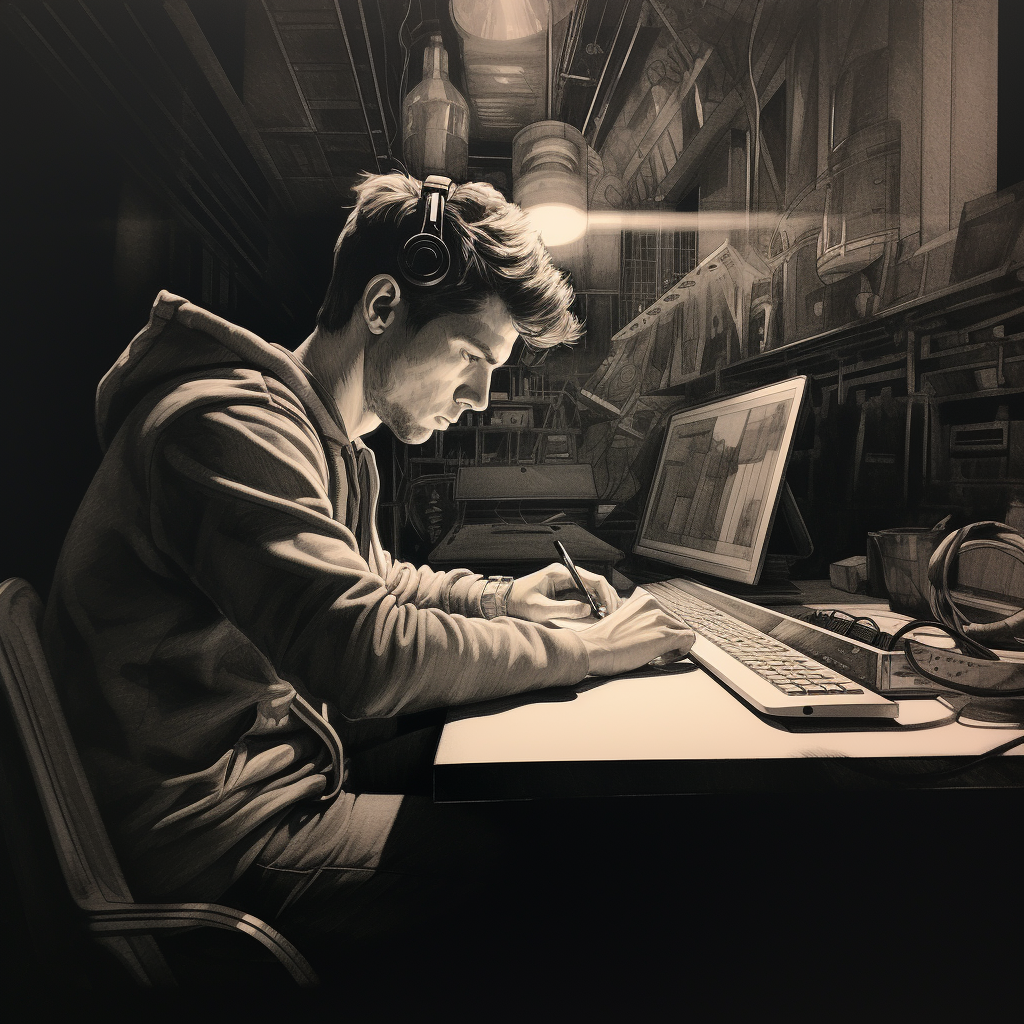 Young man typing at desk