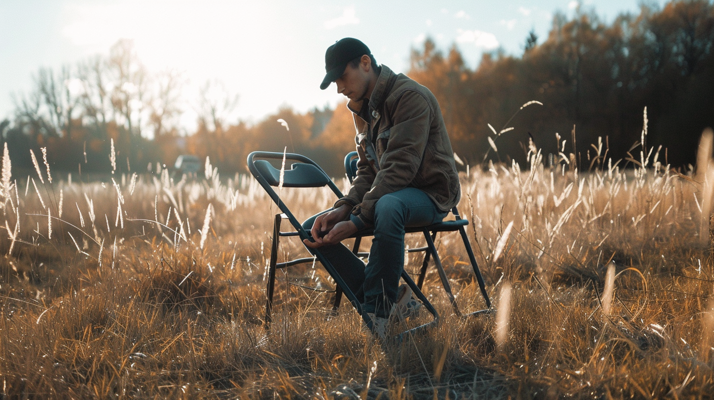 Man unfolding chair on field