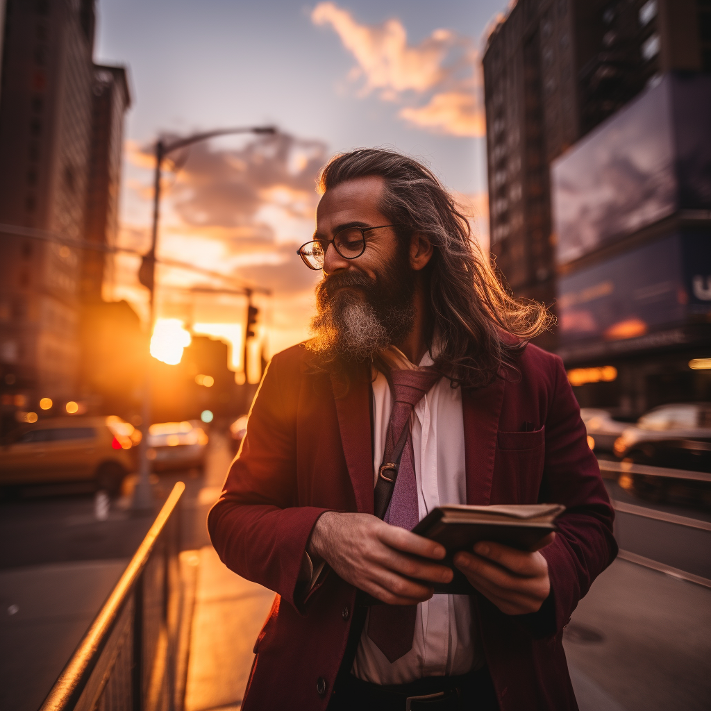 Smiling man reading Bible in NYC sunset