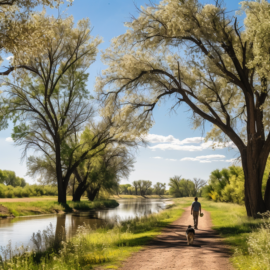 Man walking dog on path by river surrounded by cottonwood trees