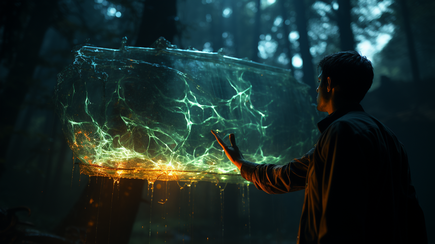 Man holding a glowing bioluminescent creature in a dark forest