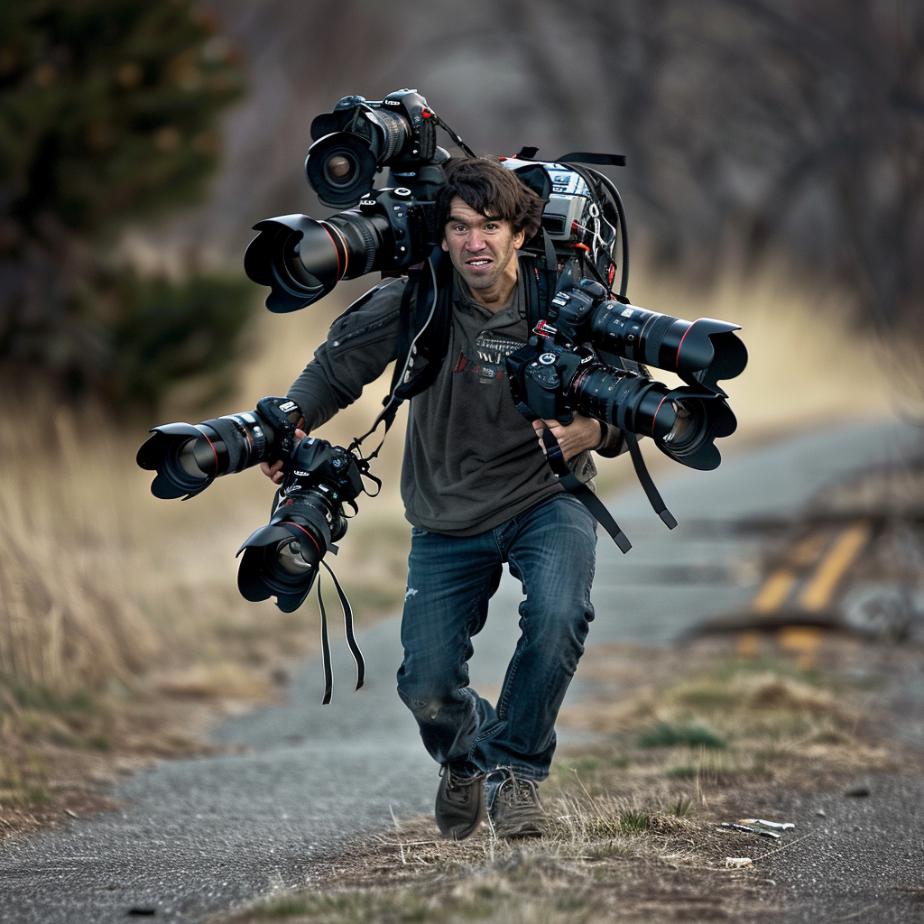 Man with camera lenses running towards camera