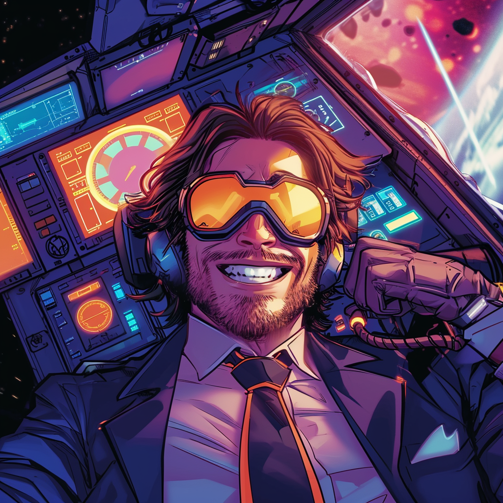 Man with suit and tie, podcaster Captain Cosmos in spaceship