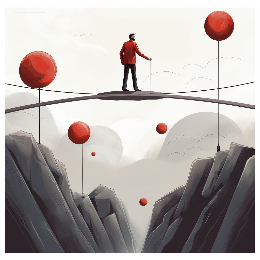 Cartoon manager juggling on tightrope rocks