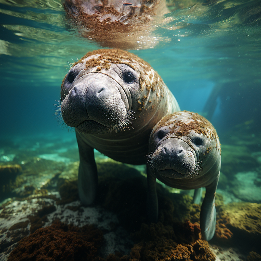 Sweet manatee embraces cute baby