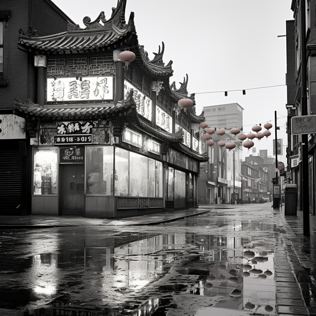 Run-down Manchester Chinatown with boarded up shops