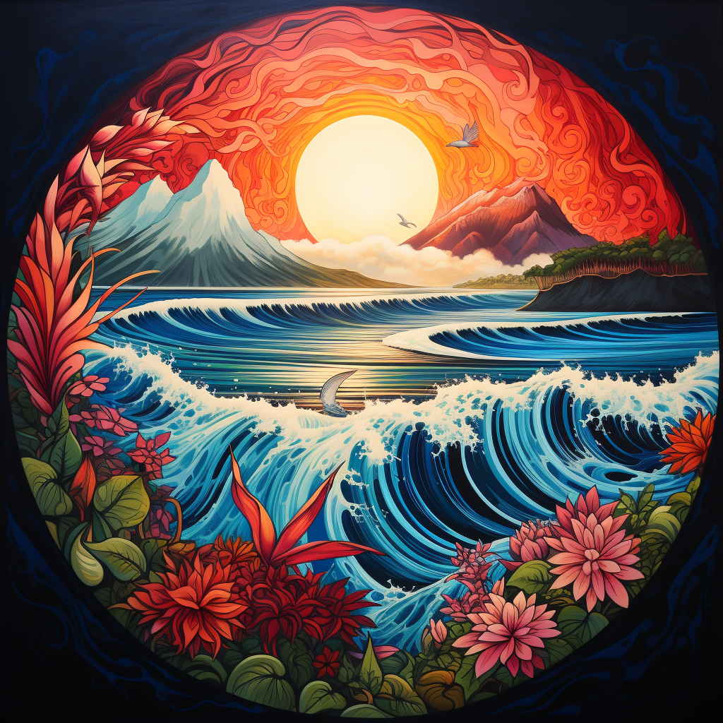 Colorful mandala art with surf, beach, sun and mountain