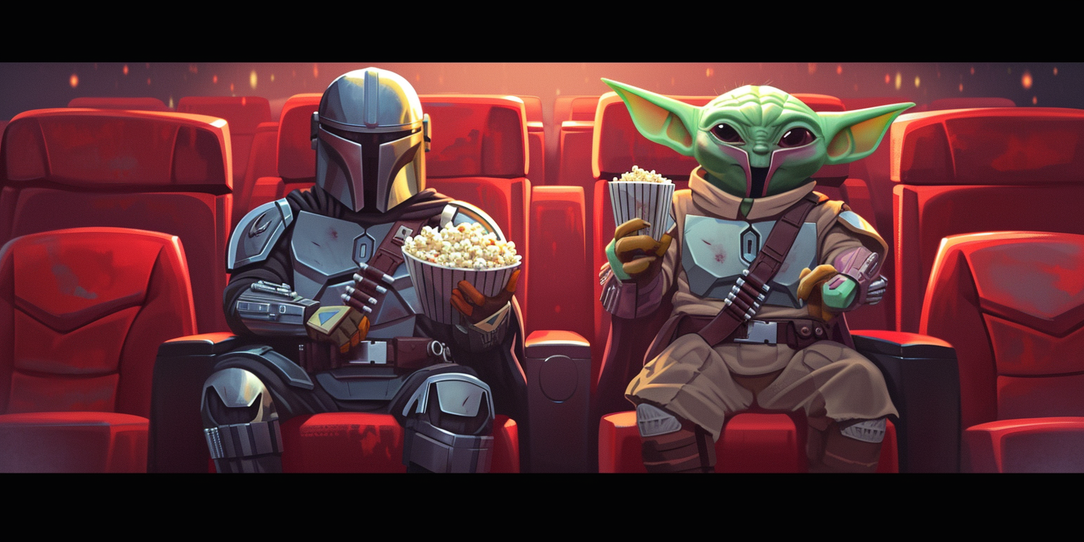 Cartoon illustration Mandalorian Grogu movie theater popcorn