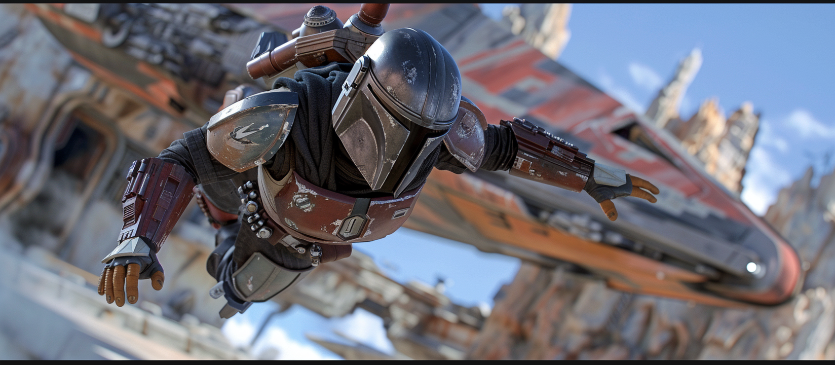 Mandalorian flying in spaceport