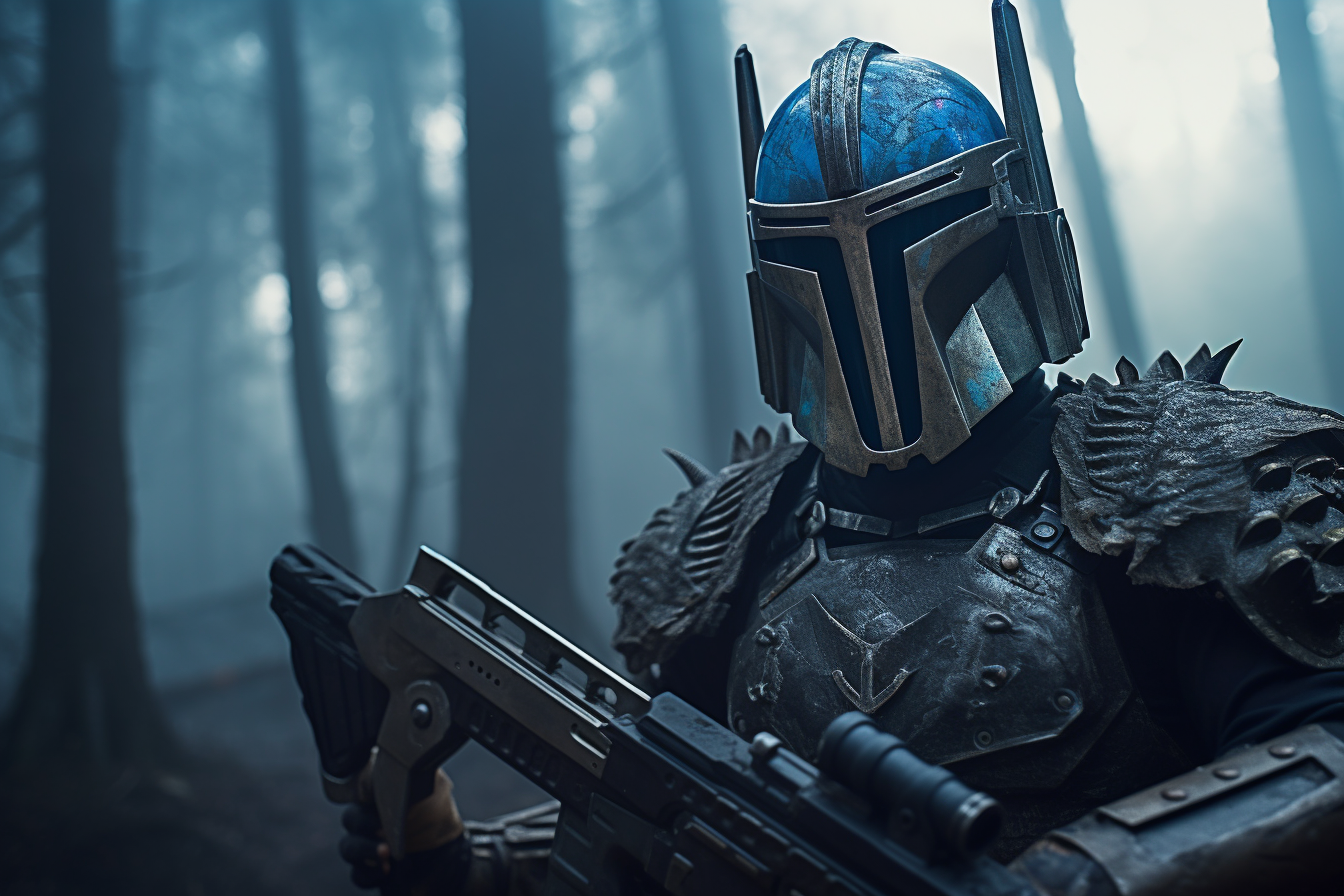 Mandalorian warrior in blue battle scarred armor scouting