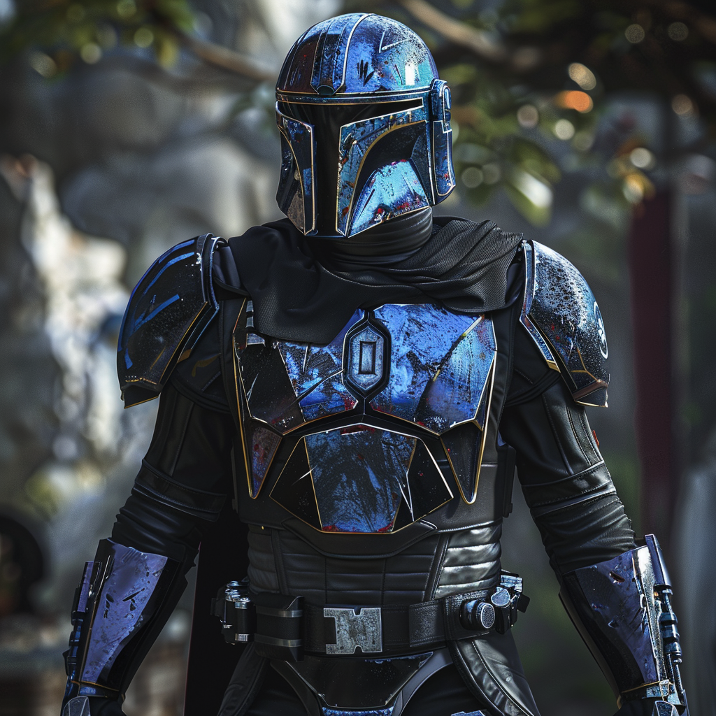 Mandalorian in black silver blue armor