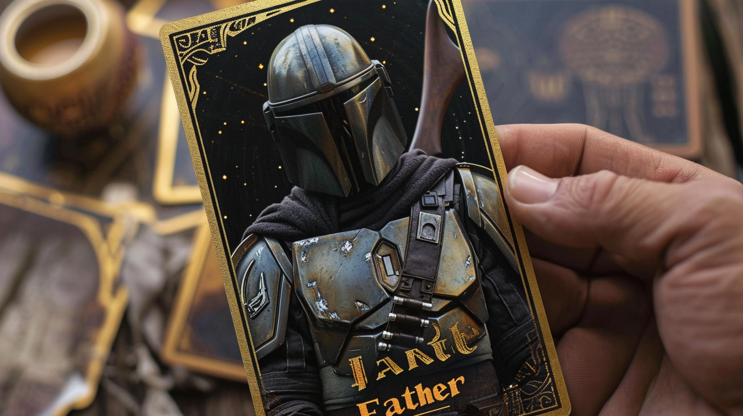 The Mandalorian holding Grogu in Asimov book cover tarot card