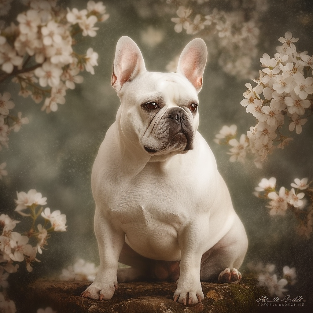 Adorable French Bulldog sitting under white blossom trees