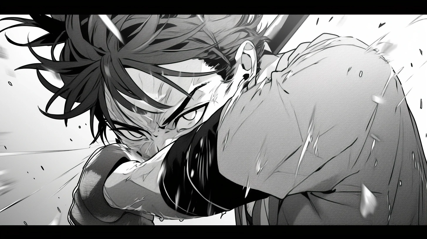 Manga black and white action shot featuring a teenage boy named Asher getting hit in the face with a baseball