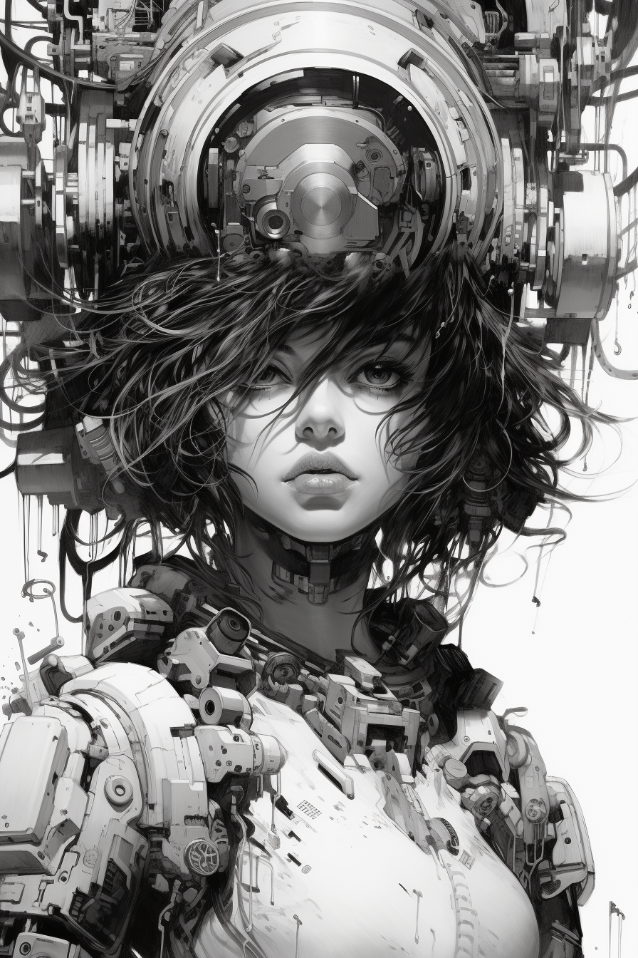 Black and white manga image of Gunnm universe with mechas and cyborgs