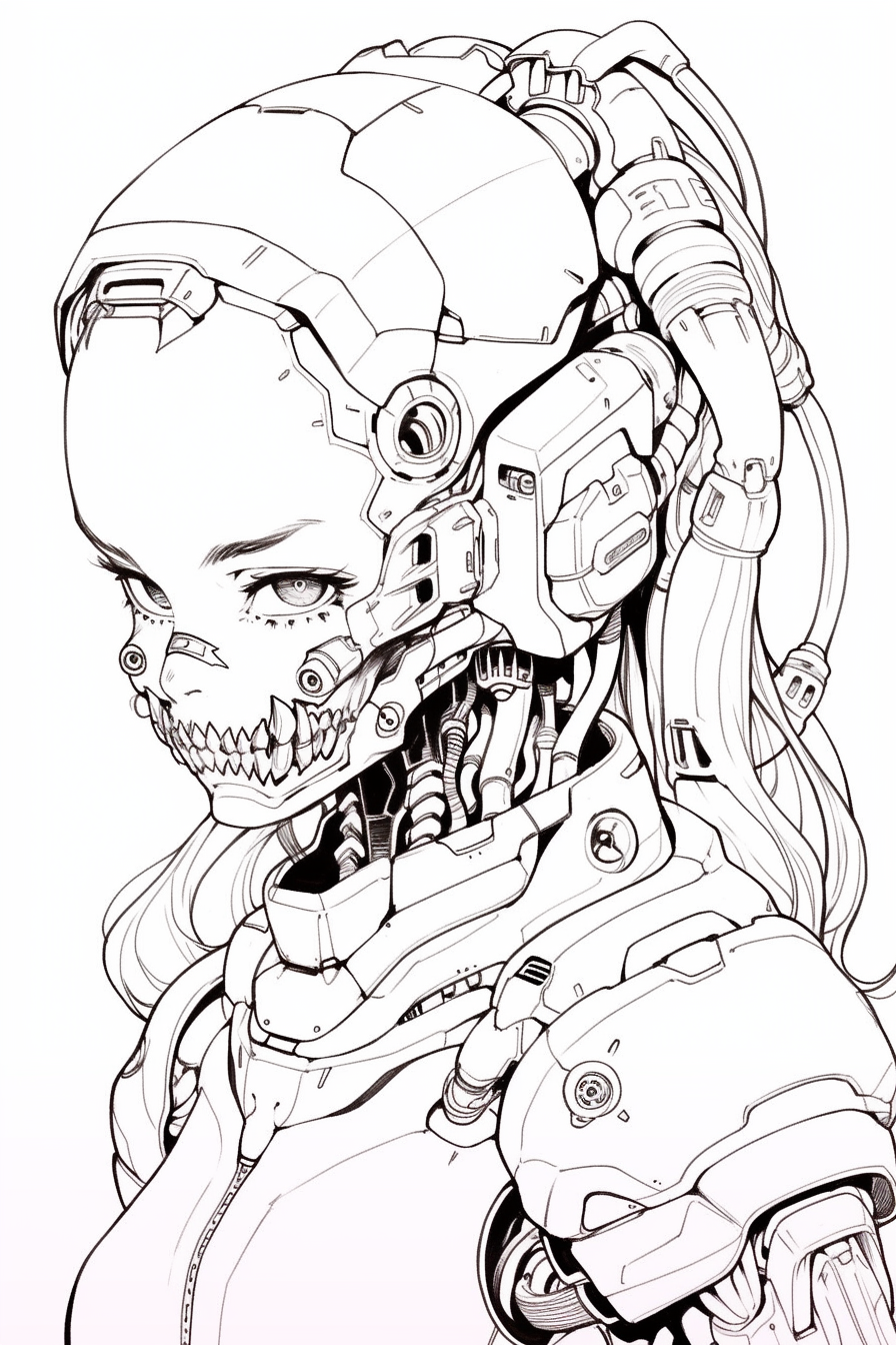 Illustration of a Cute but Scary Manga Cyber Demon Robot Girl