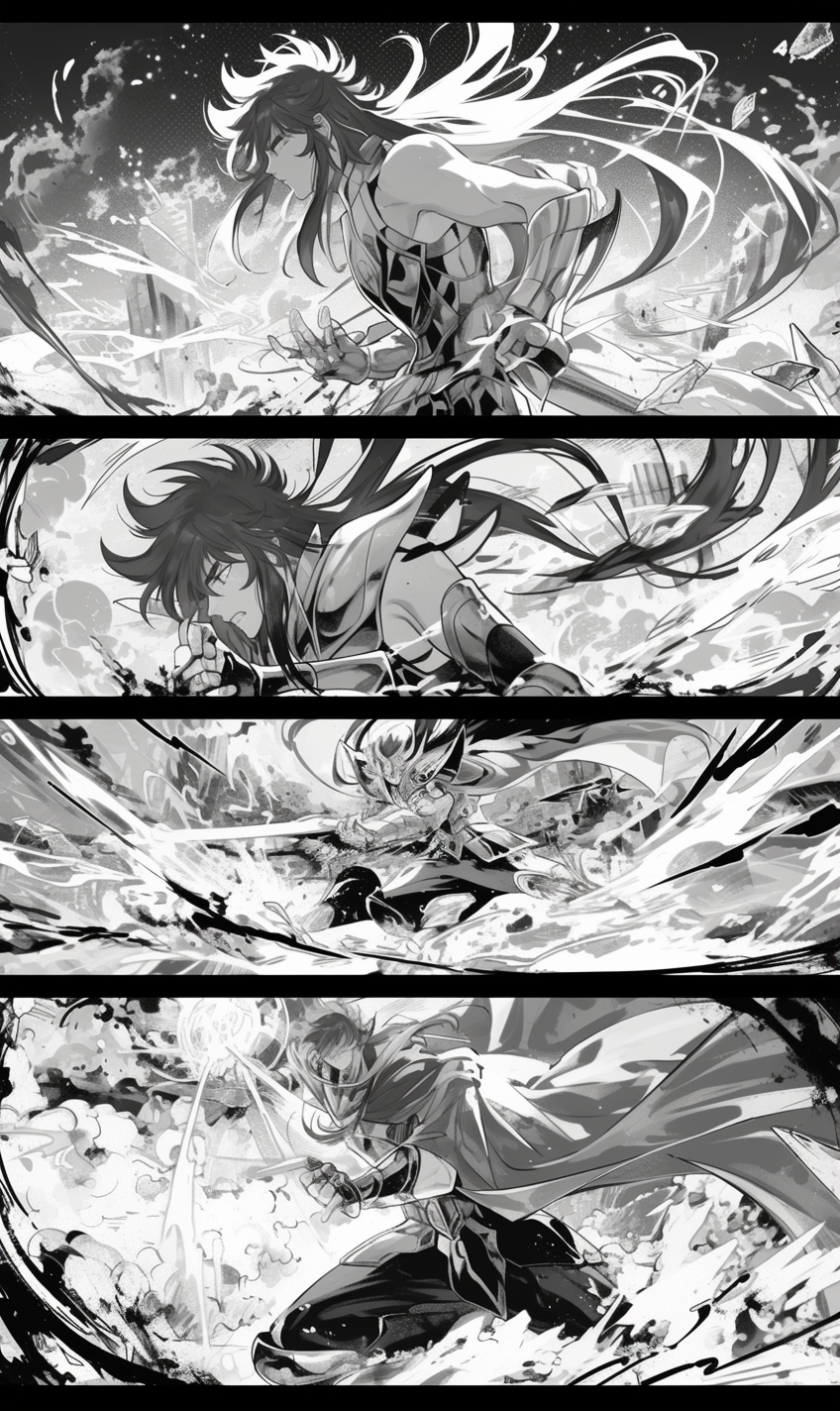 Manga frames of Saint Seiya characters fighting