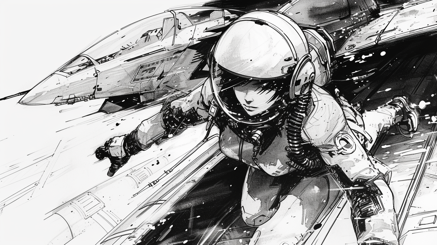 Sci-fi manga illustration of female pilot in exosuit