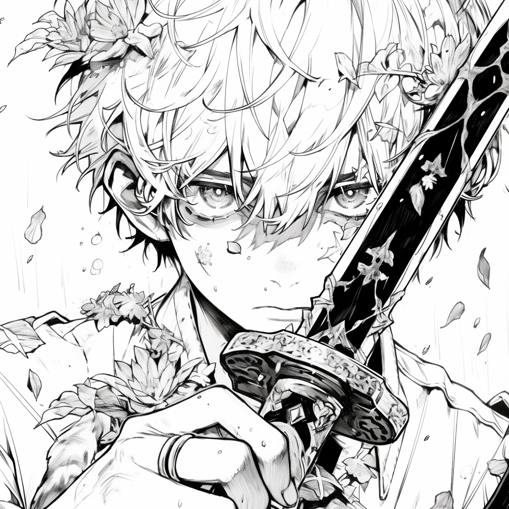 Detailed Line Art of Anime Boy with Sword